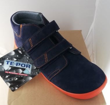 BEDA –  prechodné topánky s membránou – suchý zips- modré s oranžovou-v.35
